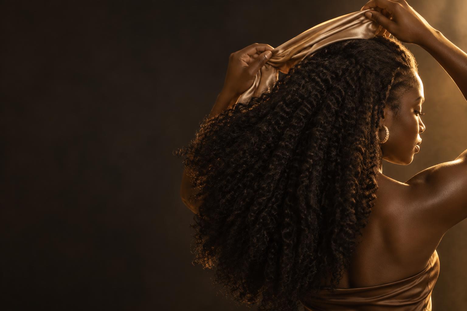 Natural curls released from a silk wrap in warm golden light